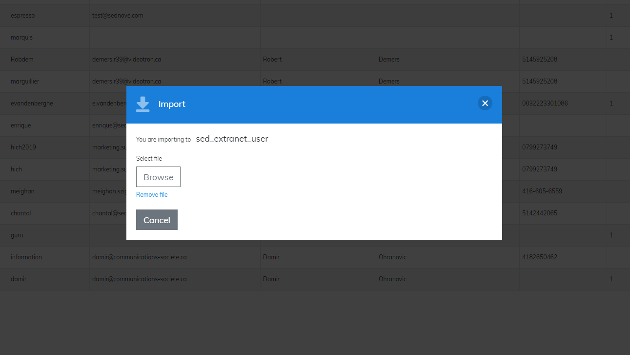 Import button for a table in Extenso