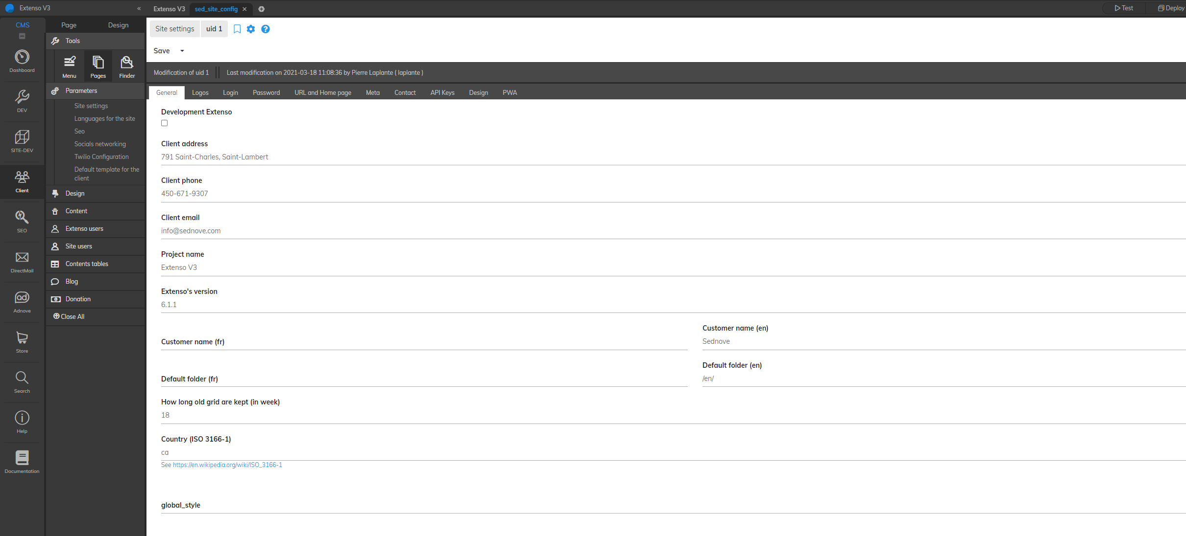 Site parameters configuration